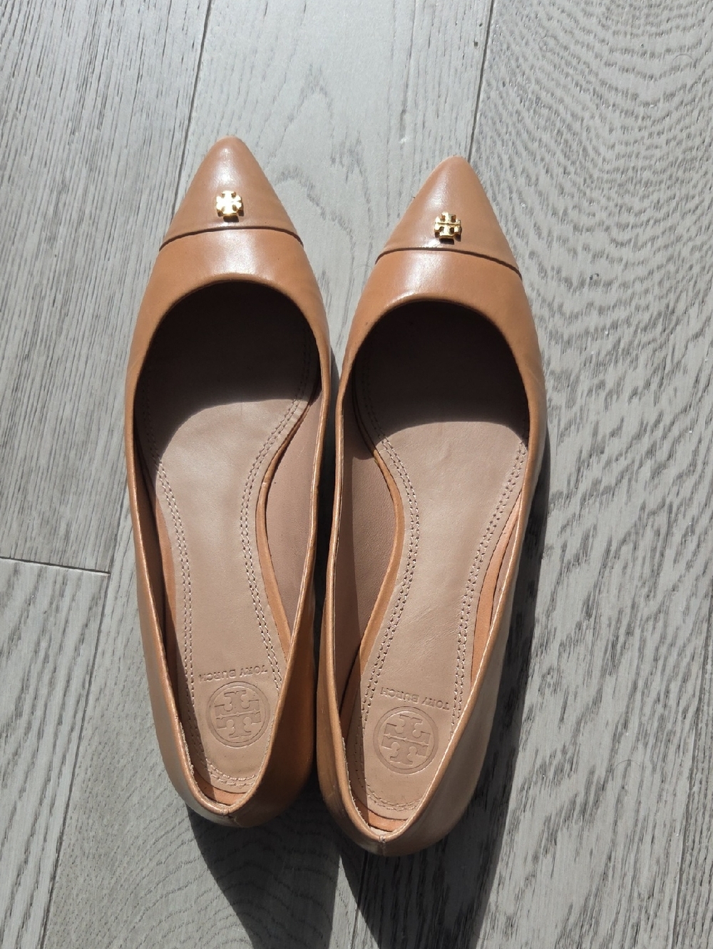 Tory Burch Camel Leather Pointed-Toe Flats with Gold Logo